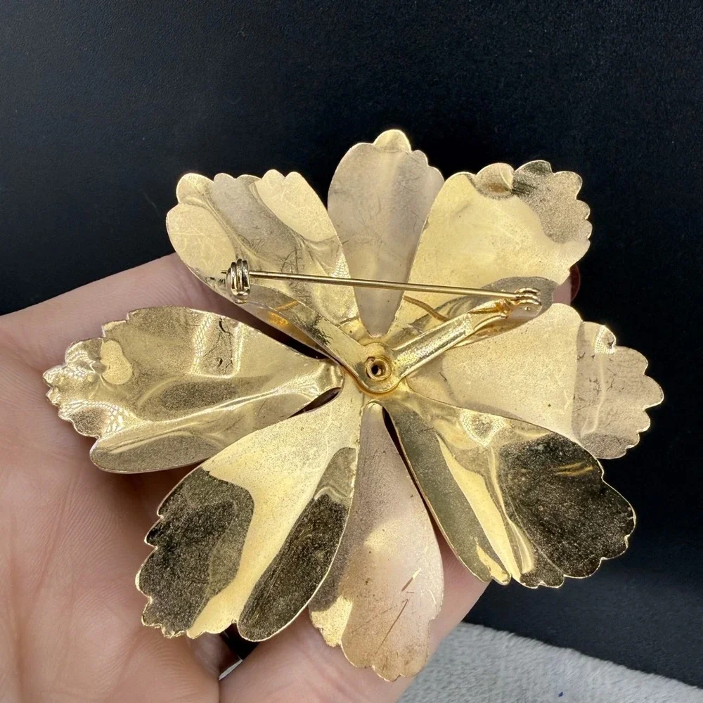 Vintage Enamel Flower Brooch Gold Tone Crackle Spring‎ HUGE Mod MCM